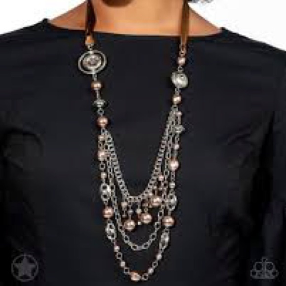 Paparazzi All the Trimmings brown ribbon, silver chain, faux pearl long necklace